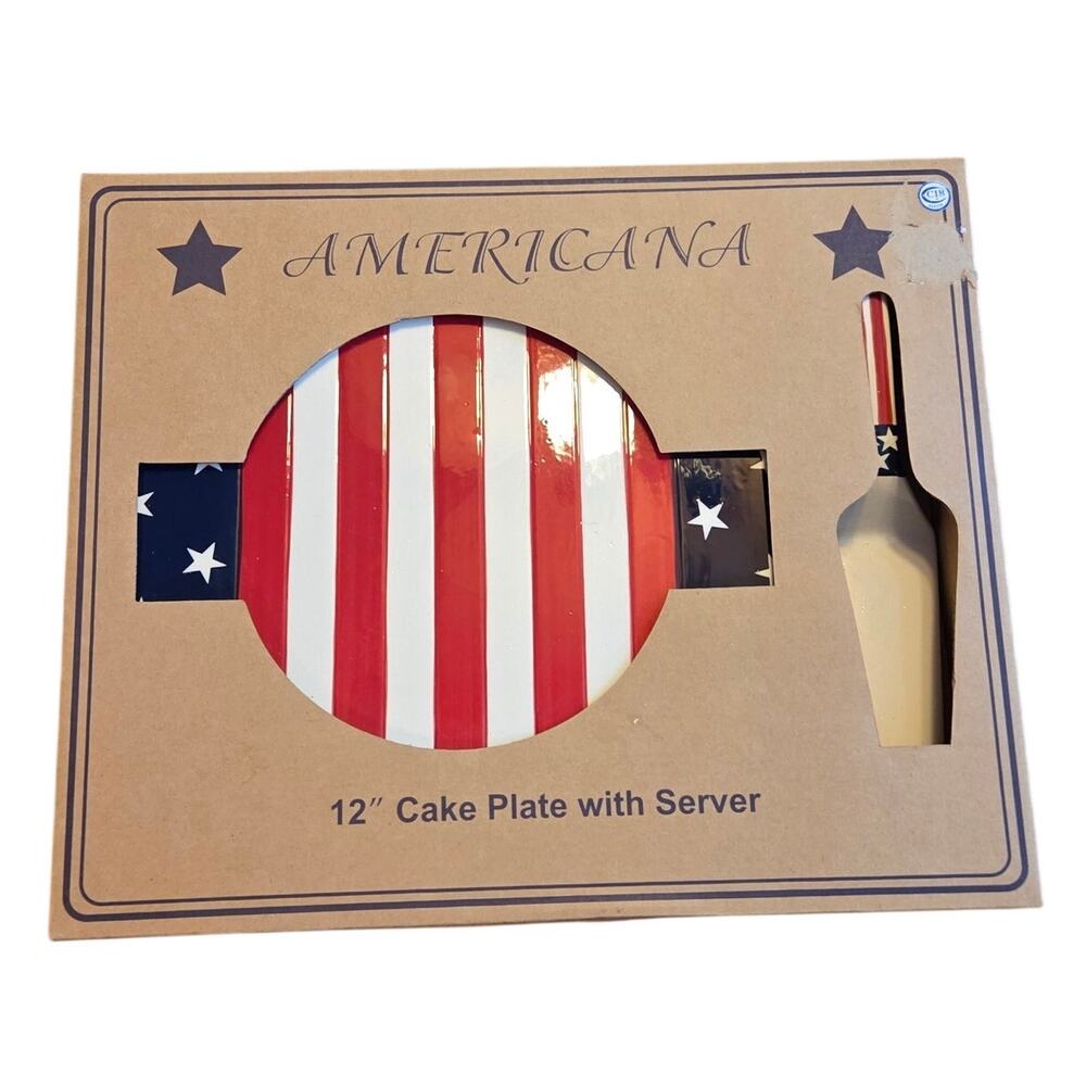 Americana Patriotic Cake Plate with Server Ceramic Red White Blue Flag Serving